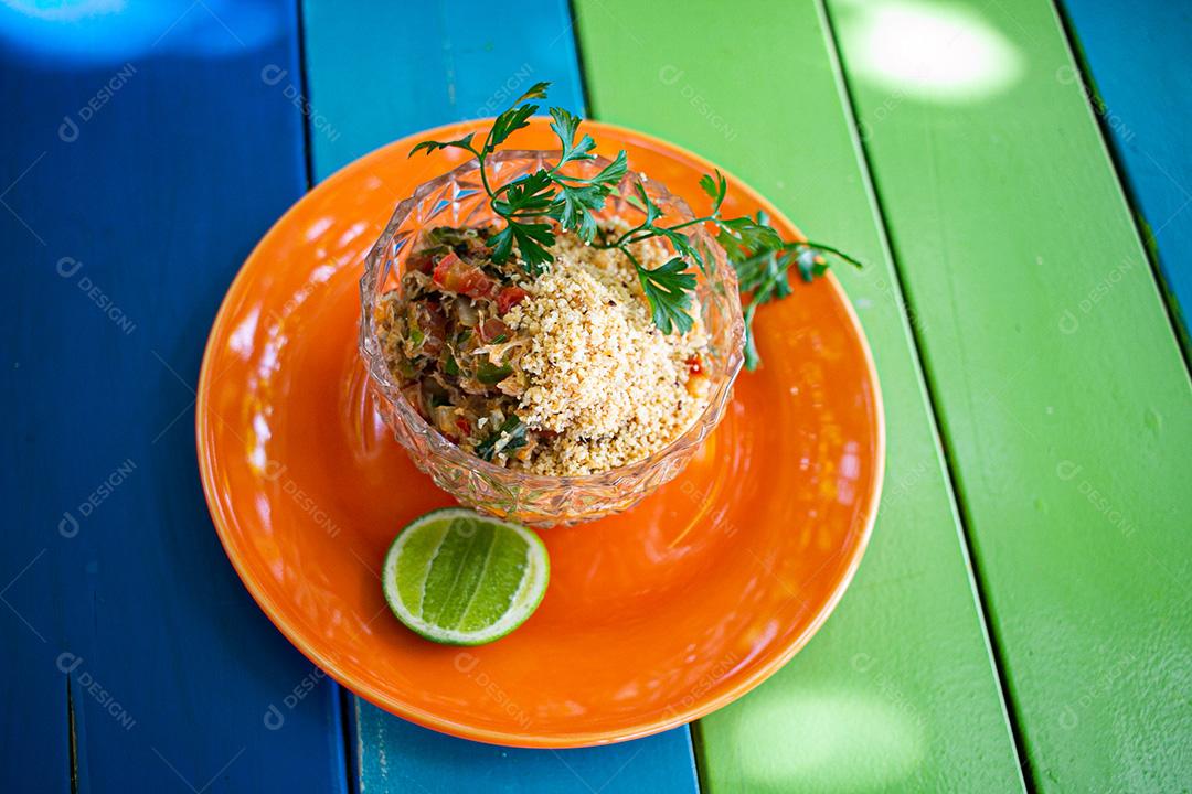 Farofa, flour, lemon, meat, cilantro, tomato. Restaurant.