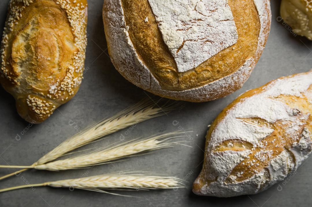 Belo pão de fermento em fundo cinza com flor de trigo seca.