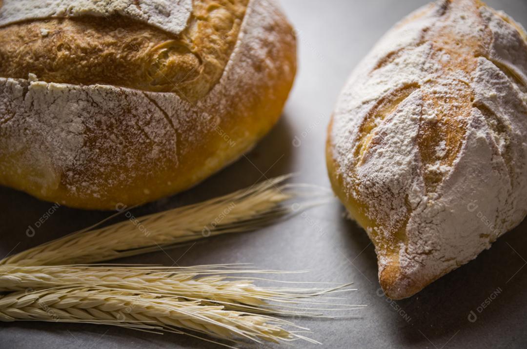 Belo pão de fermento em fundo cinza com flor de trigo seca.