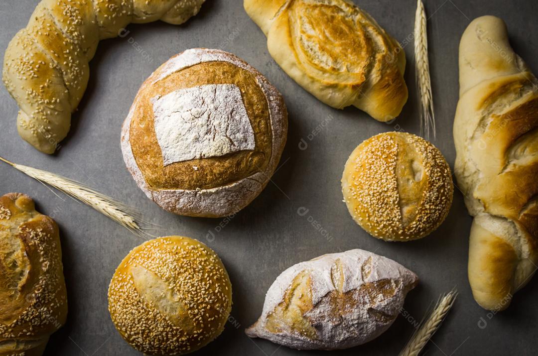 Belo pão de fermento em fundo cinza com flor de trigo seca.