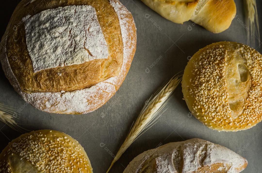 Belo pão de fermento em fundo cinza com flor de trigo seca.