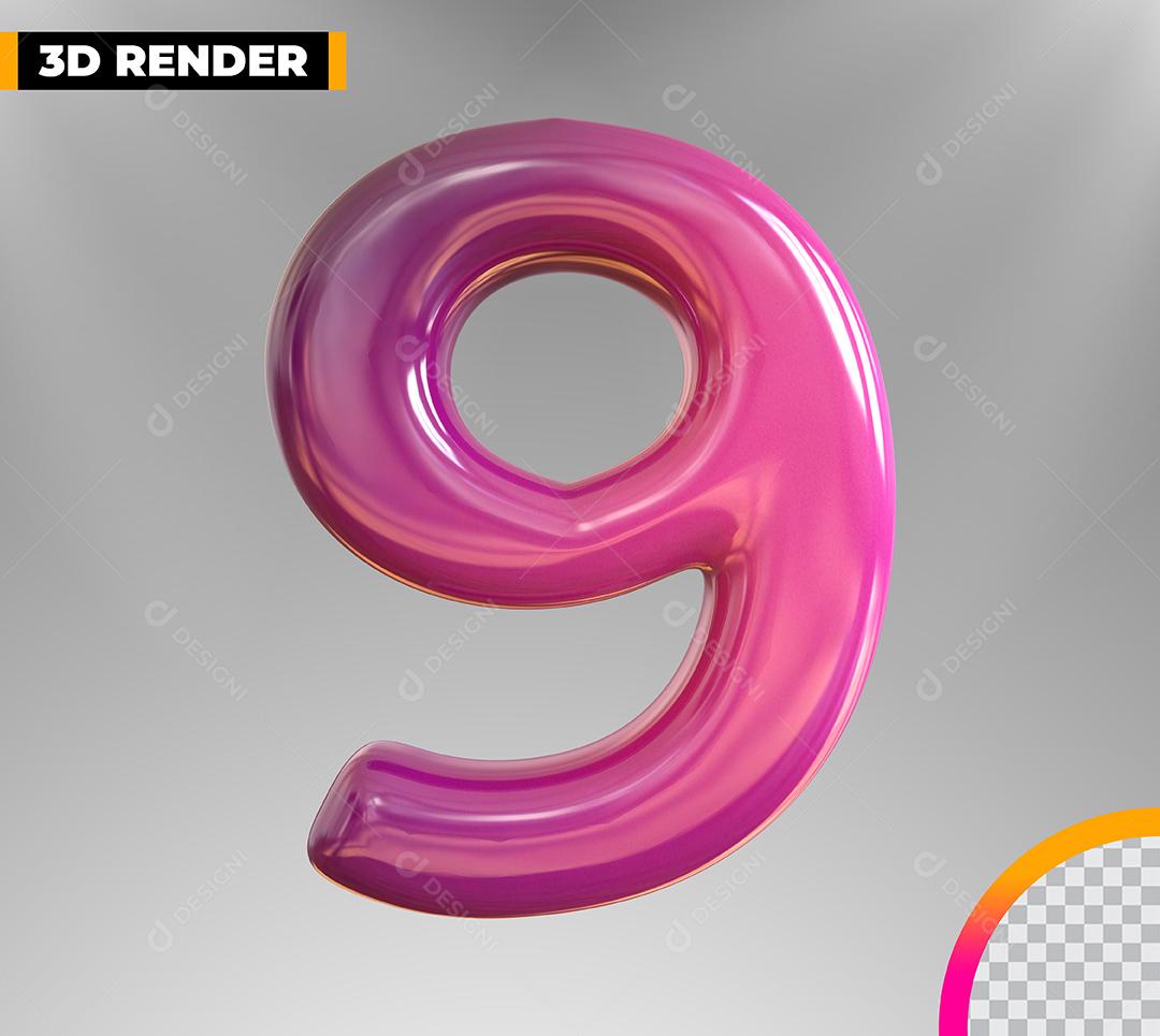 Número 9 3D Rosa Para Composição PSD