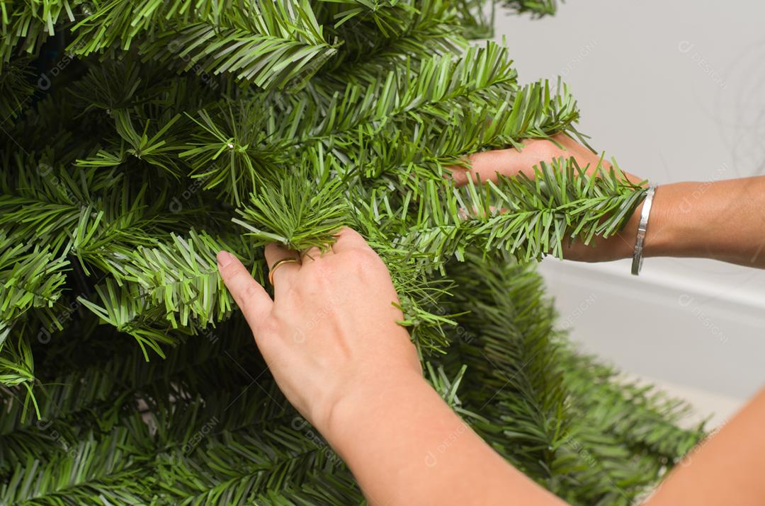 Mãos de mulher arrumando e decorando a árvore de natal