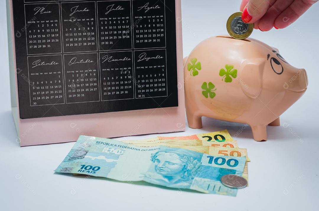 Grande conceito de economia, calendário, cofrinho, notas reais de dinheiro brasileiro.