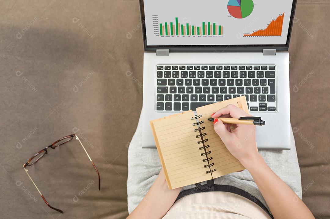 Mulher trabalhando em casa no computador, no sofá, notebook, gráficos e tabelas. Escrevendo no bloco de notas