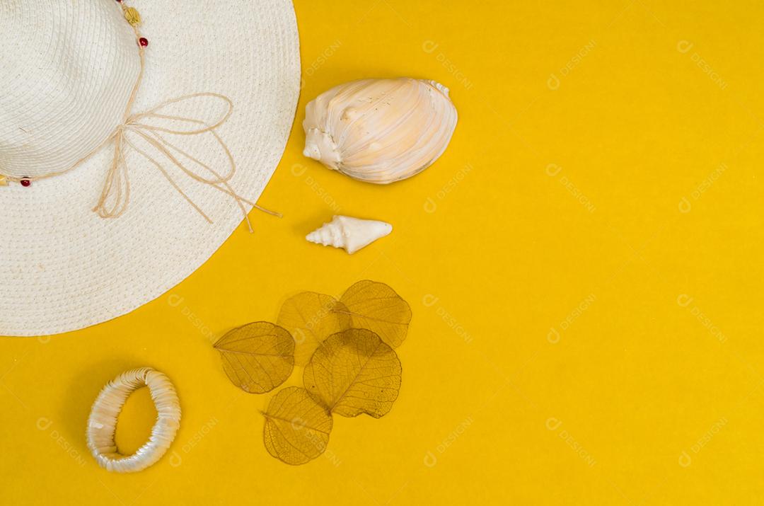 Acessórios de praia em fundo amarelo, itens de férias e viagens, vista superior, knolling, Conceito de férias.