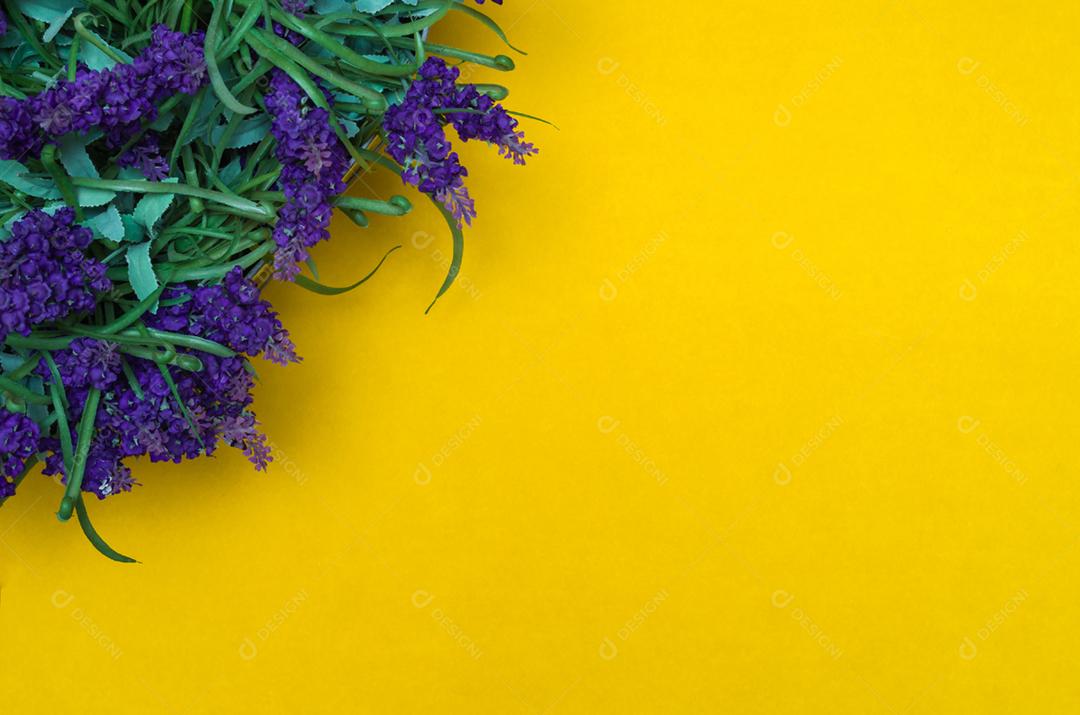 Vista aérea de um vaso de flores de lavanda em um fundo amarelo