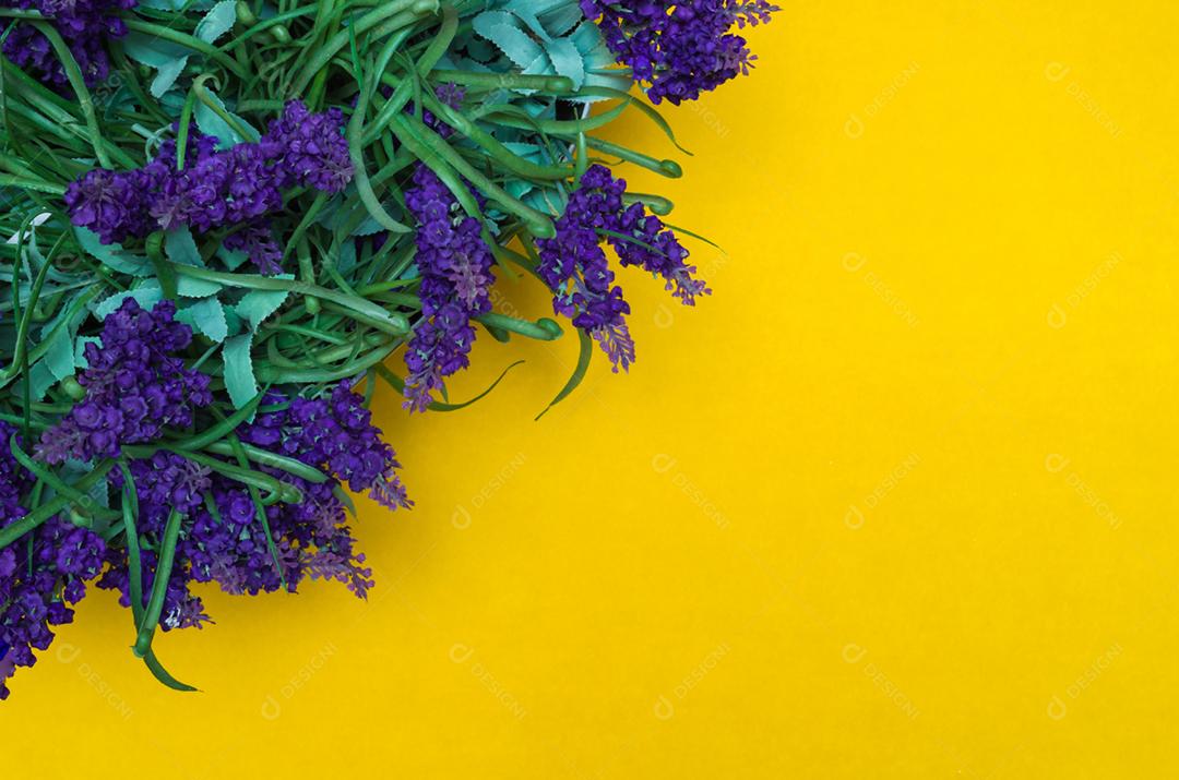 Vista aérea de um vaso de flores de lavanda em um fundo amarelo