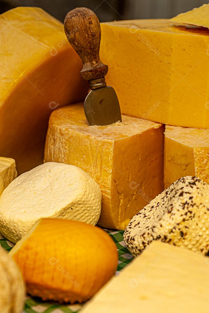 Diferentes tipos de queijos exibidos em uma mesa típica italiana