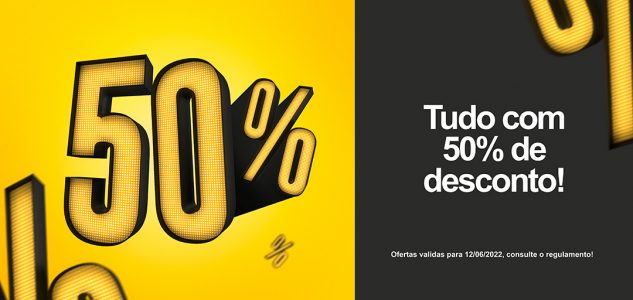 Social Media Banner Tudo com 50% de Desconto Lojas PSD Editável