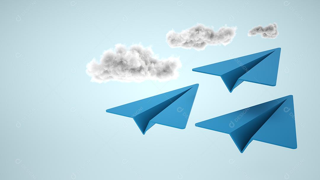 Aviões de papel 3D com nuvens realistas. Avião de papel no céu. Envie conceito de e-mail ou mensagem