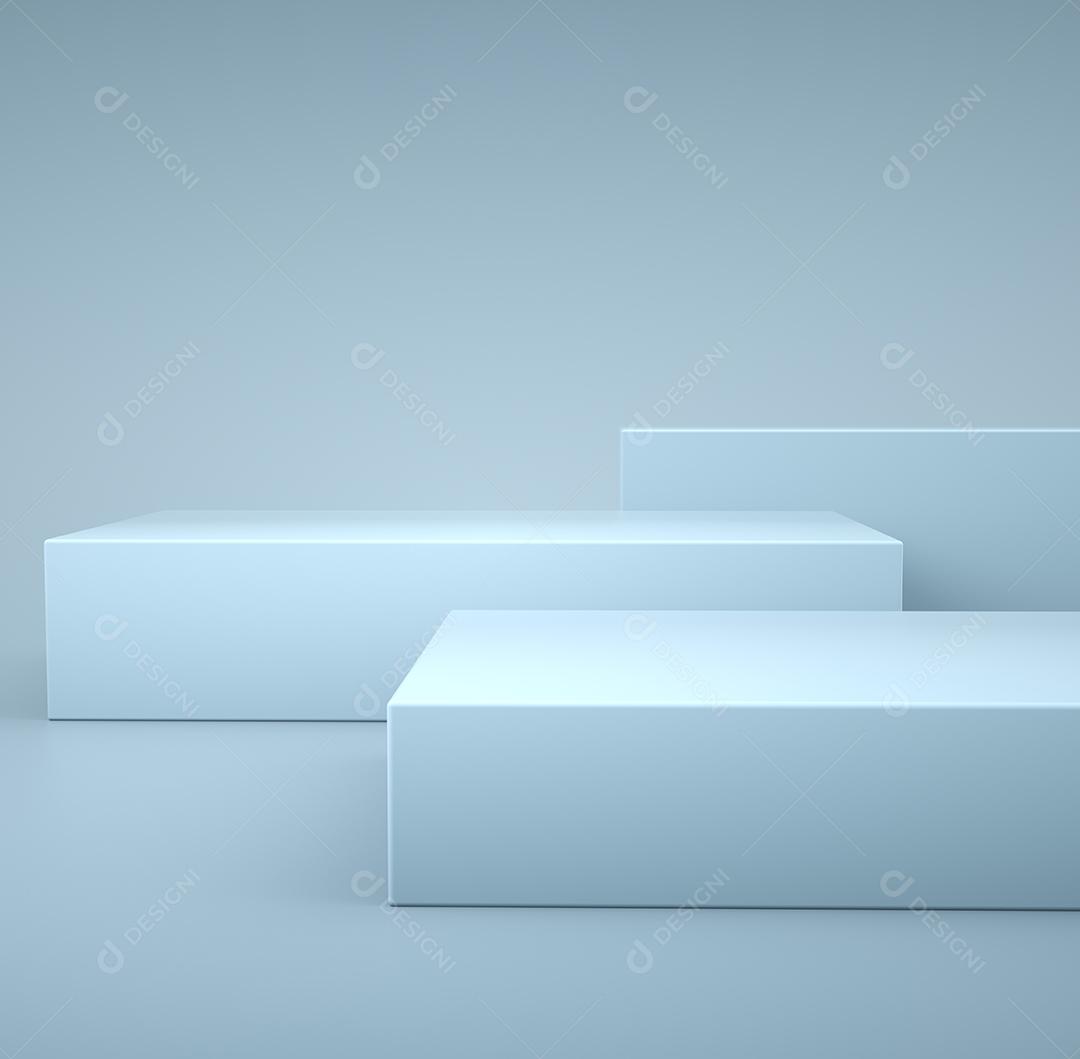 Vitrine vazia. Modelo em branco para publicidade. Azul 3d renderização passo cubo pódio para o produto.
