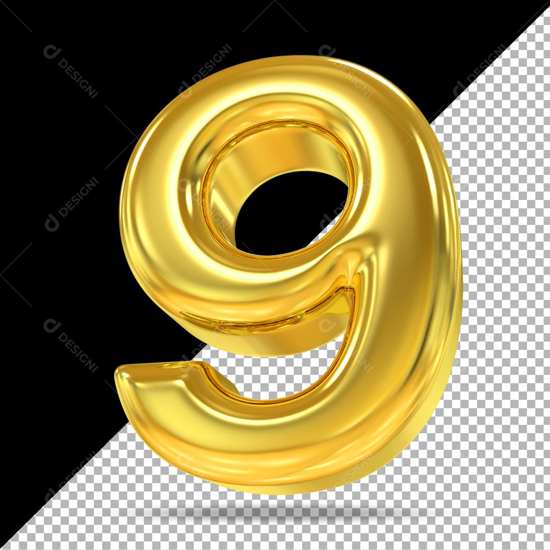 Número 9 3D Dourado Para Composição PSD