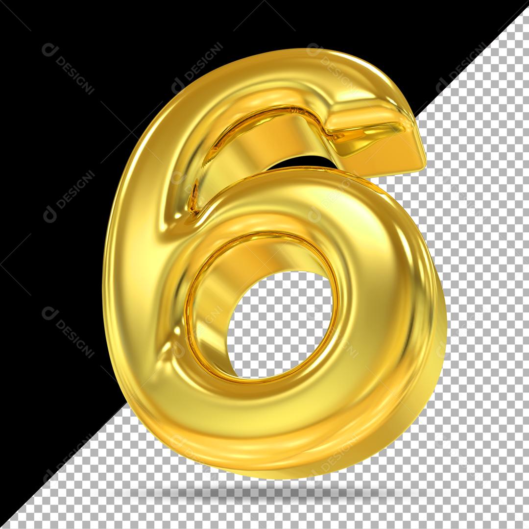 Número 6 3D Dourado Para Composição PSD
