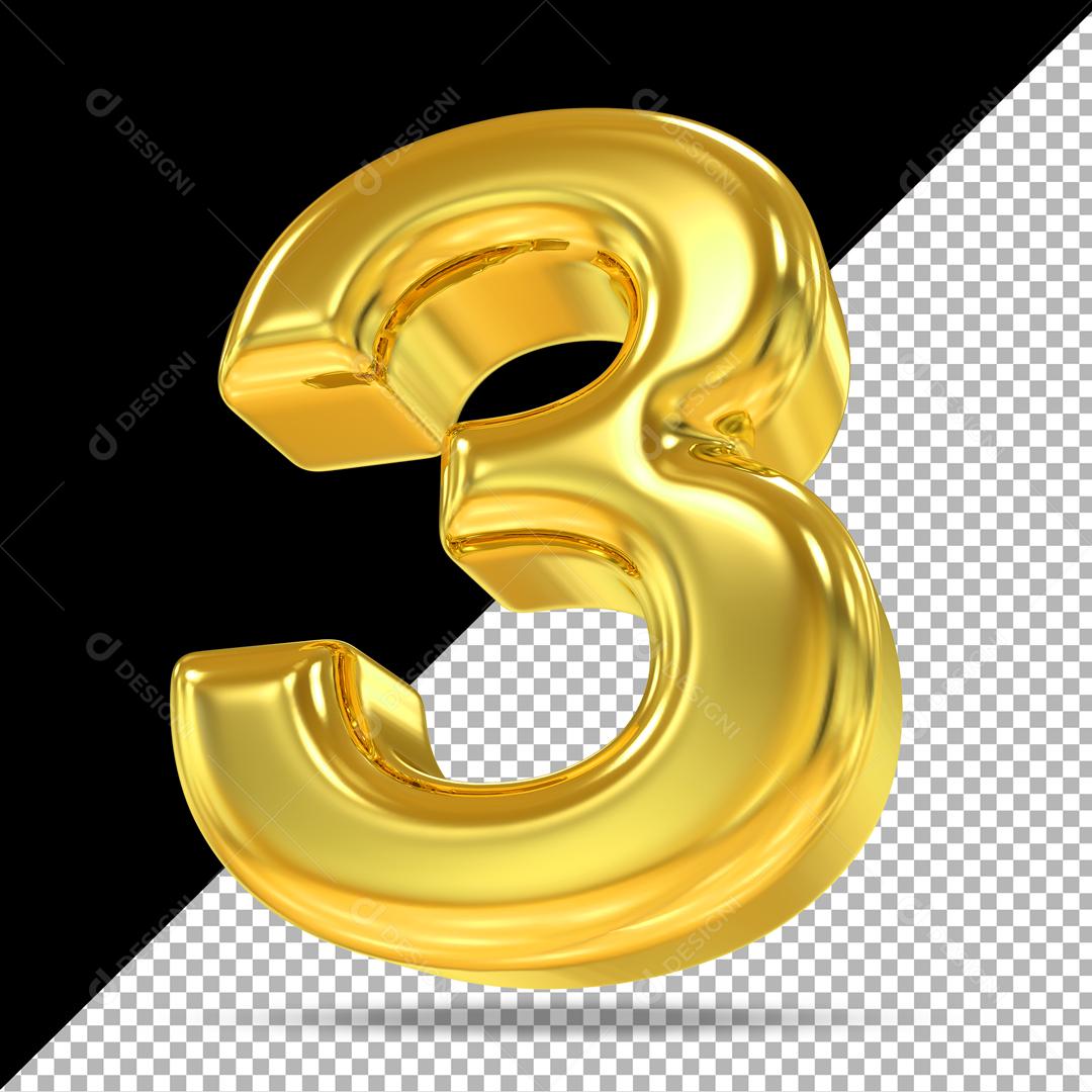 Número 3 3D Dourado Para Composição PSD