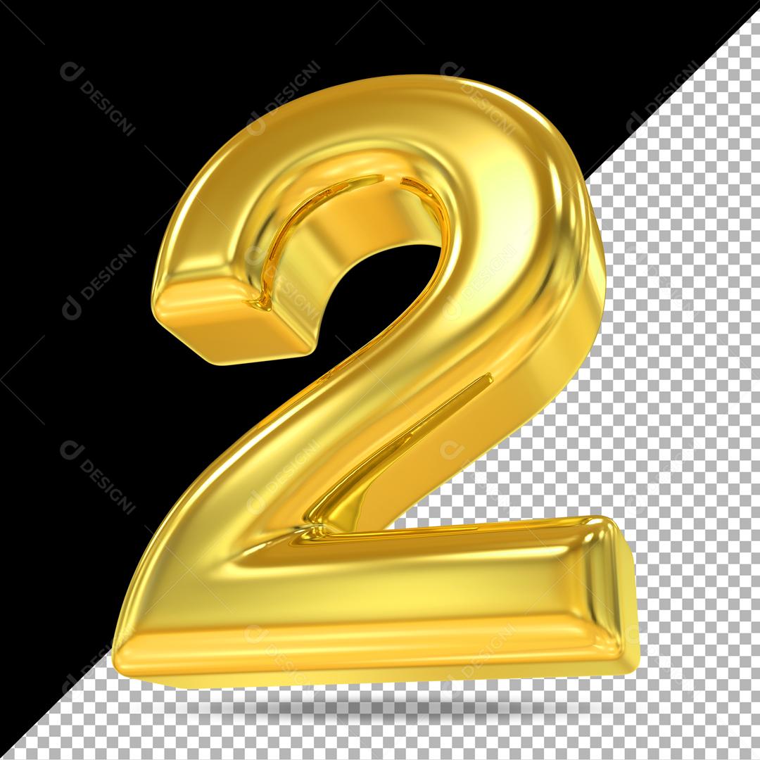 Número 2 3D Dourado Para Composição PSD