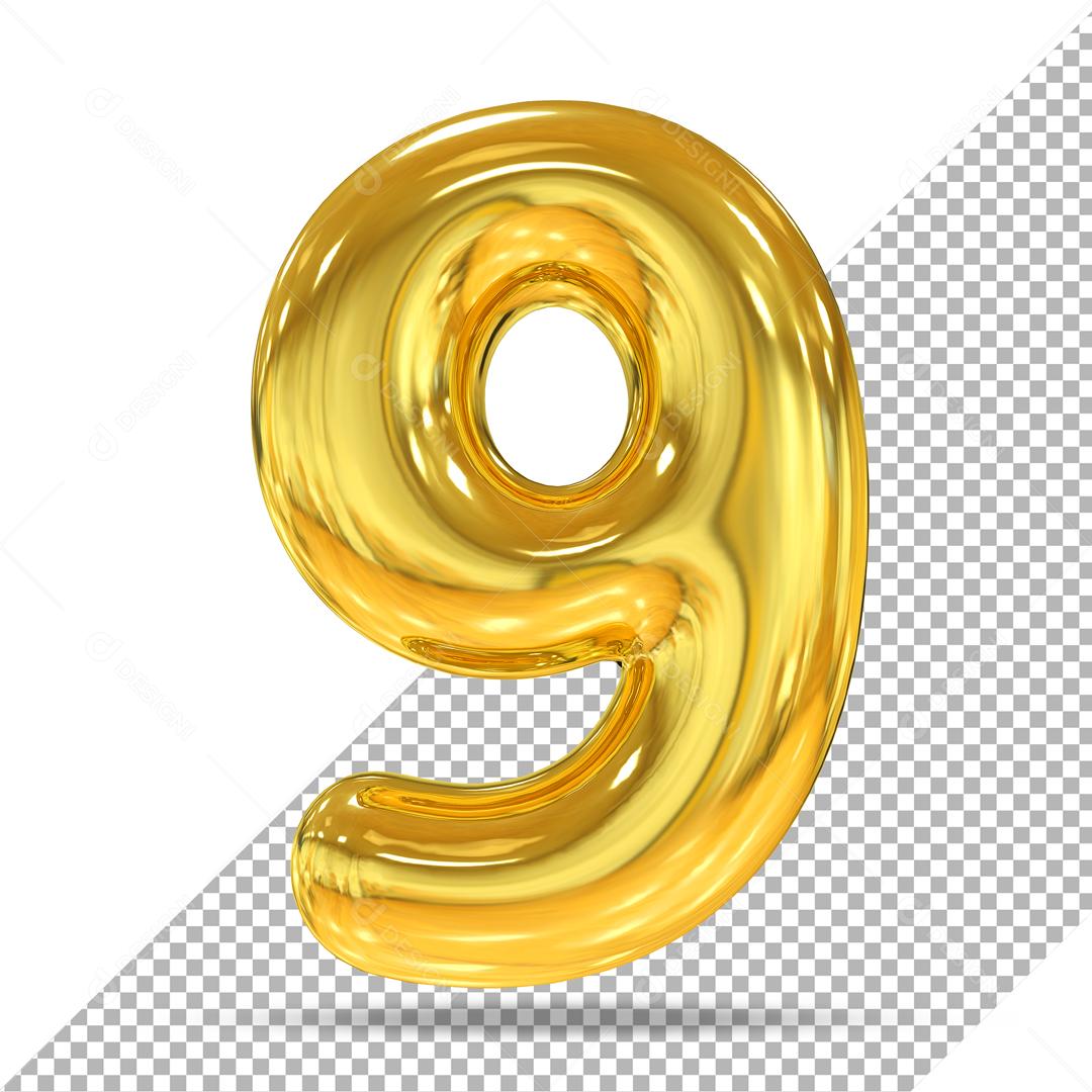 Número 3D 9 Dourado Para Composição PSD