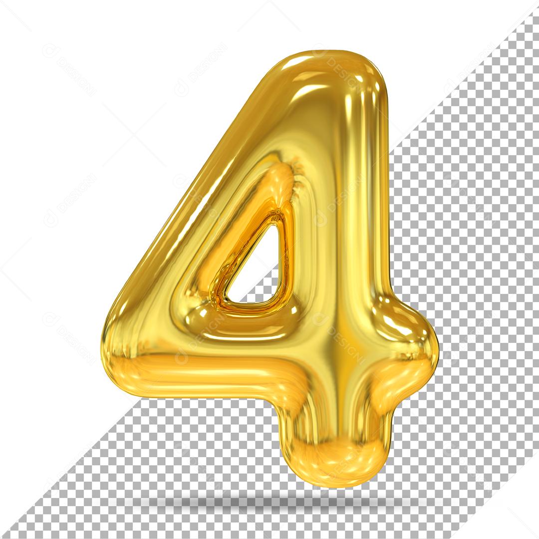 Número 3D 4 Dourado Para Composição PSD