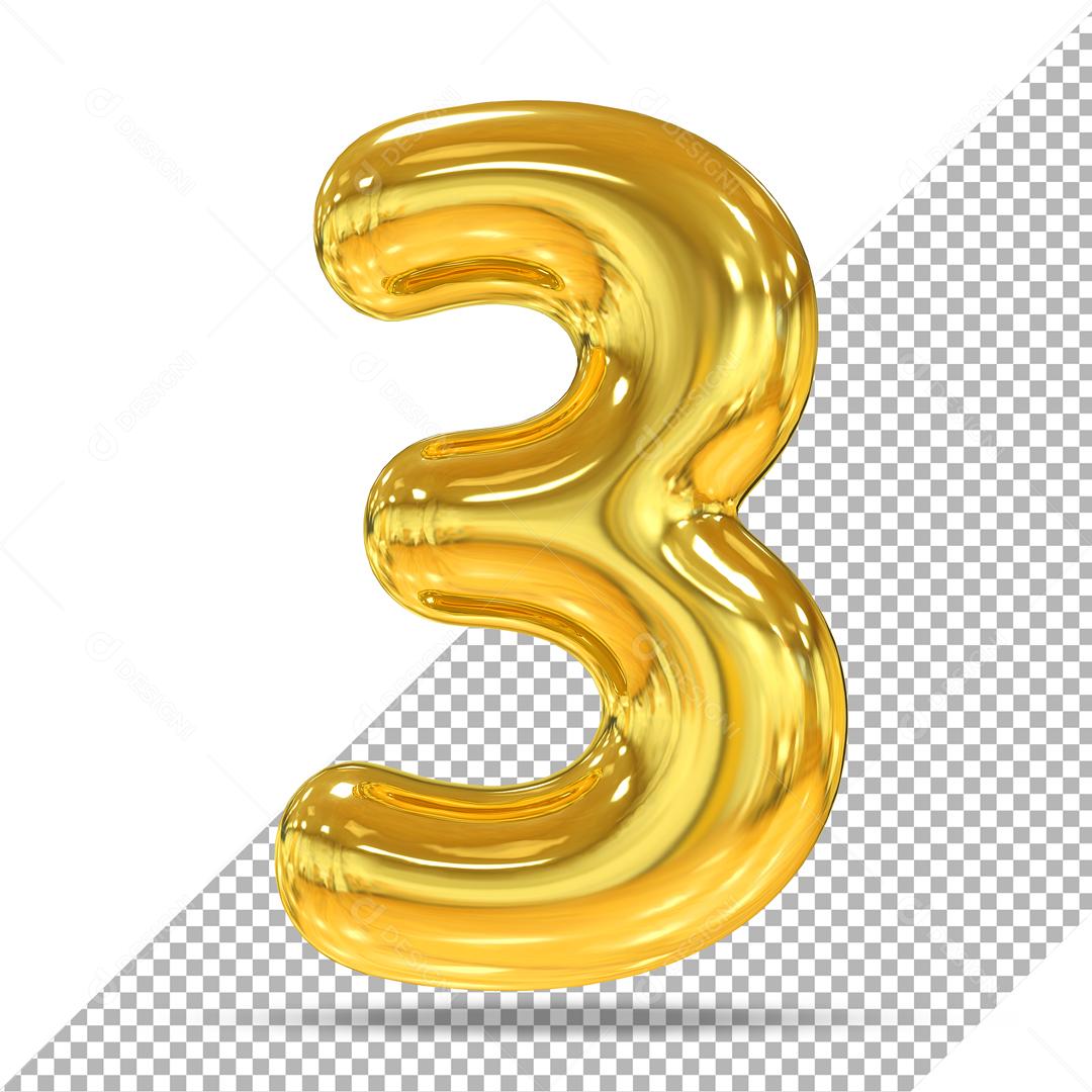 Número 3D 3 Dourado Para Composição PSD