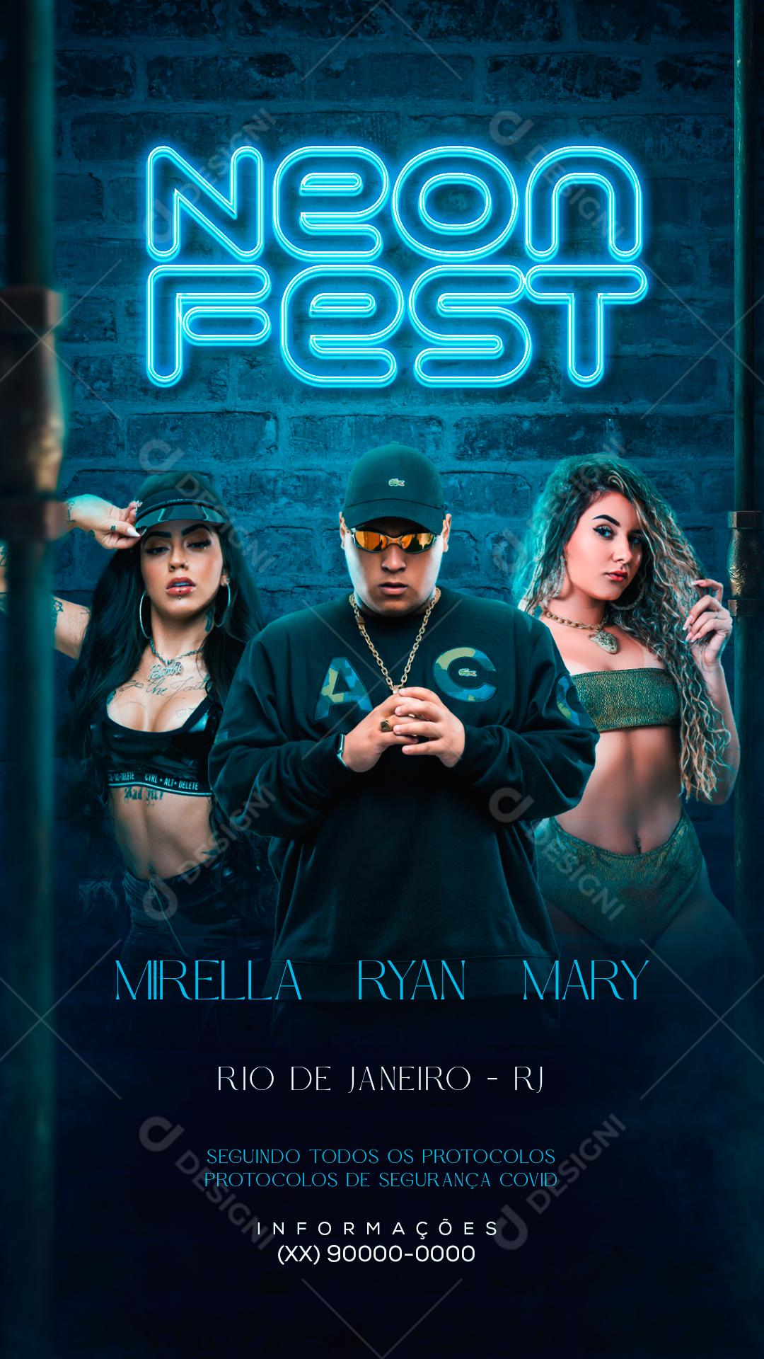 Flyer Neon Fest Mirela E Ryan Shows Social Media PSD Editável