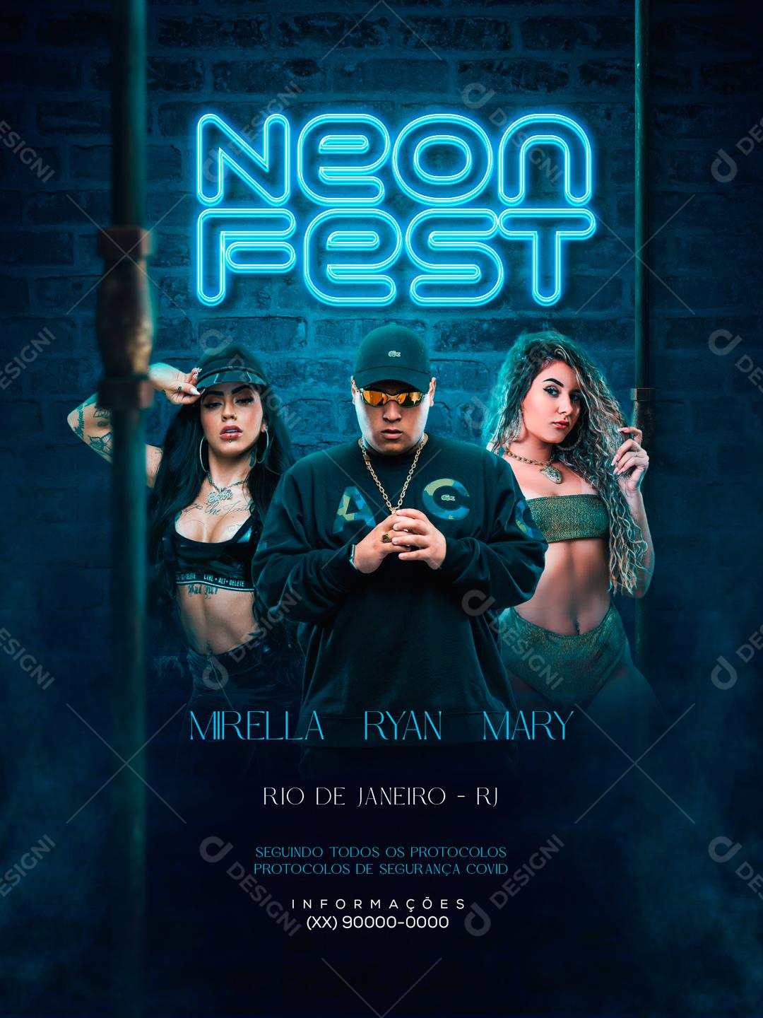 Flyer Neon Fest Mirela E Ryan Shows Social Media PSD Editável