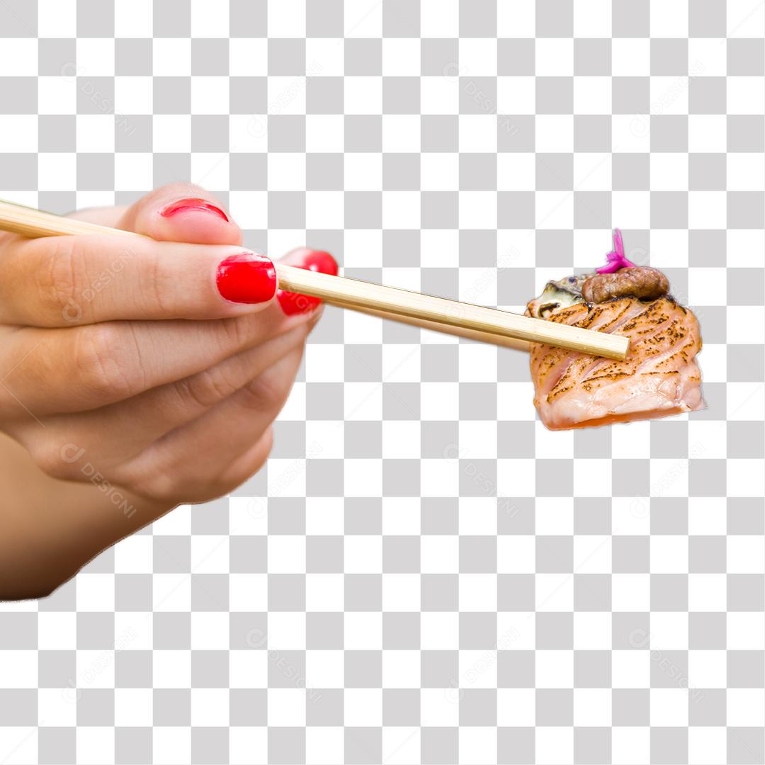 Mão feminina segurando hashi palitinho com sushi PNG Transparente