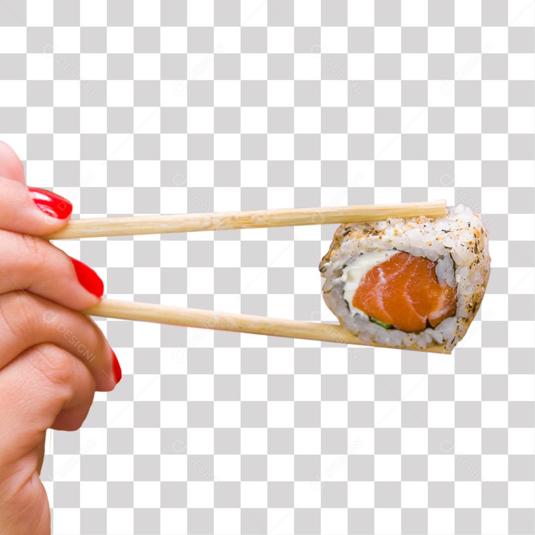 Mão feminina segurando hashi palitinho com sushi PNG Transparente