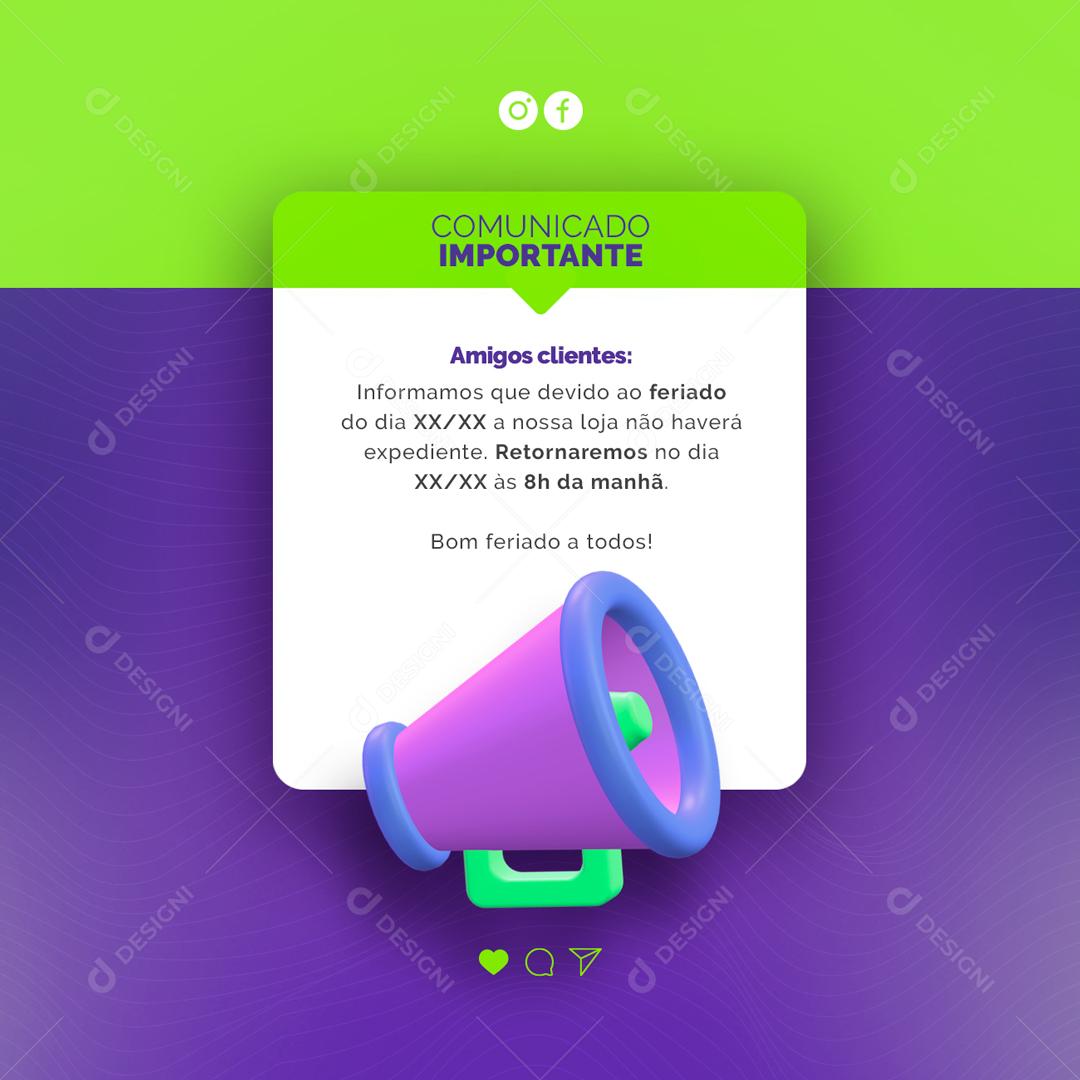 Social Media Comunicado Importante Devido ao Feriado a Loja não Havera Expediente PSD Editável