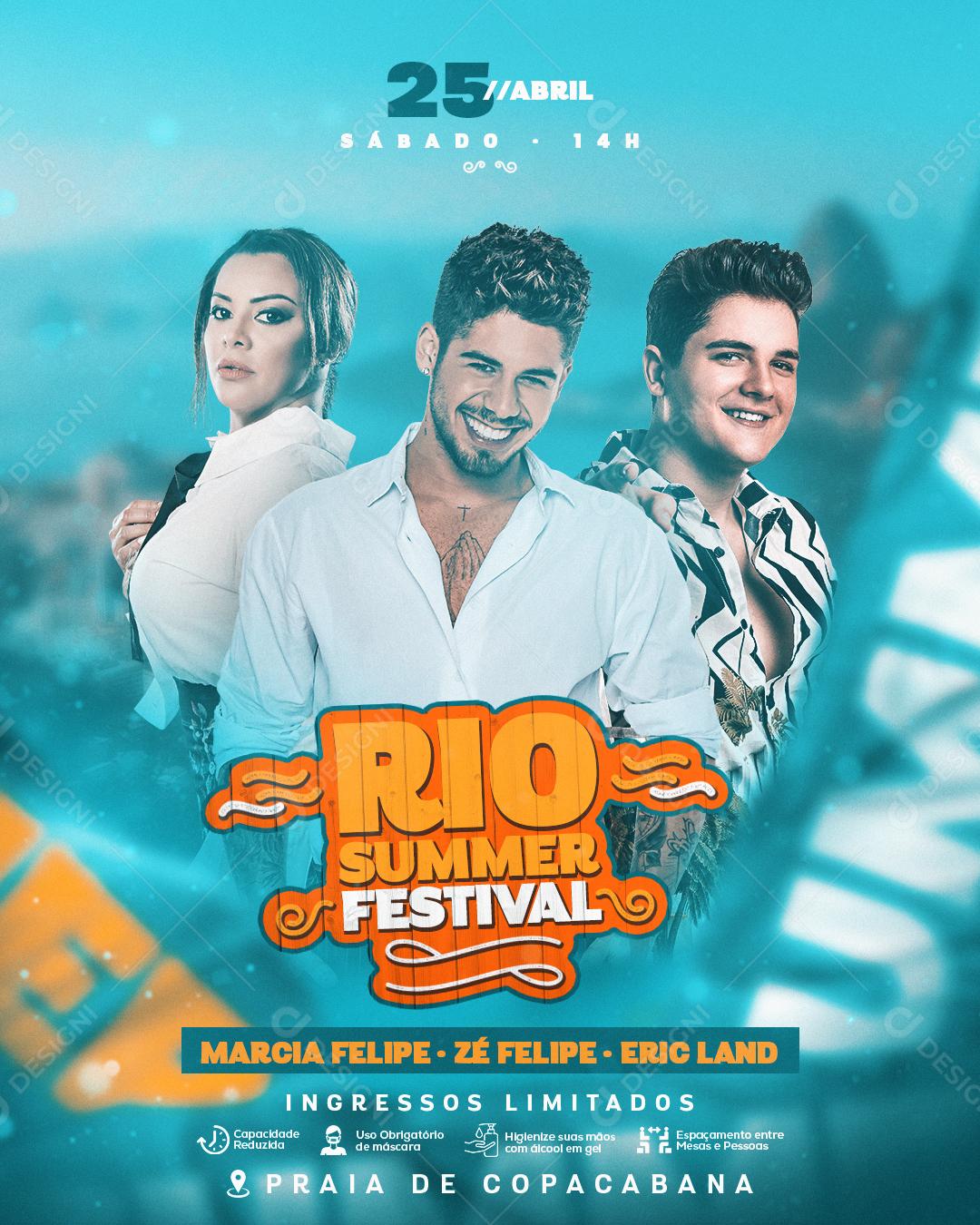 Flyers Rio Summer Festival Marcia Felipe Zé Felipe e Eric Land Social Media PSD Editável