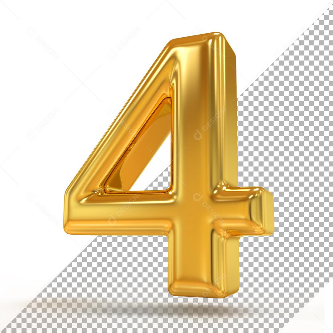 Elemento 3D Número 4 Dourado Para Composição PSD
