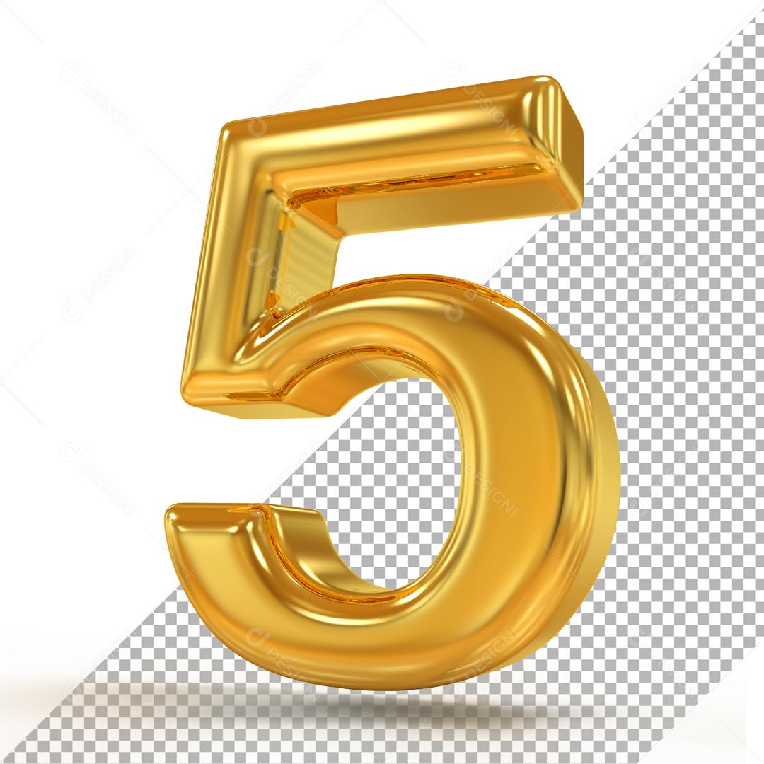 Elemento 3D Número 5 Dourado Para Composição PSD
