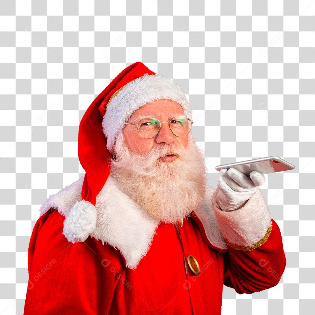 Papai Noel gravando mensagem de áudio em celular PNG Transparente