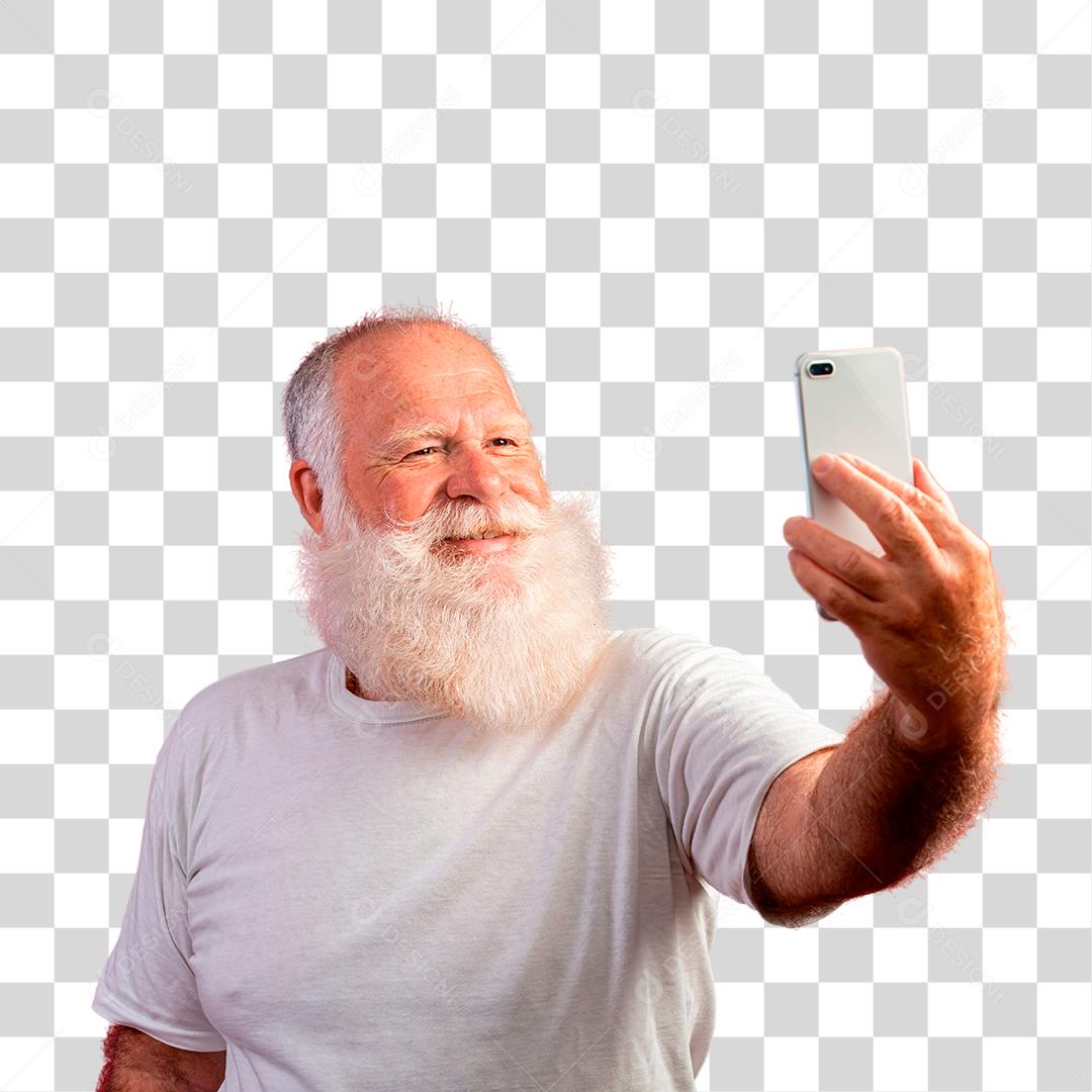 Homem de barba branca elegante utilizando celular smartphone PNG Transparente