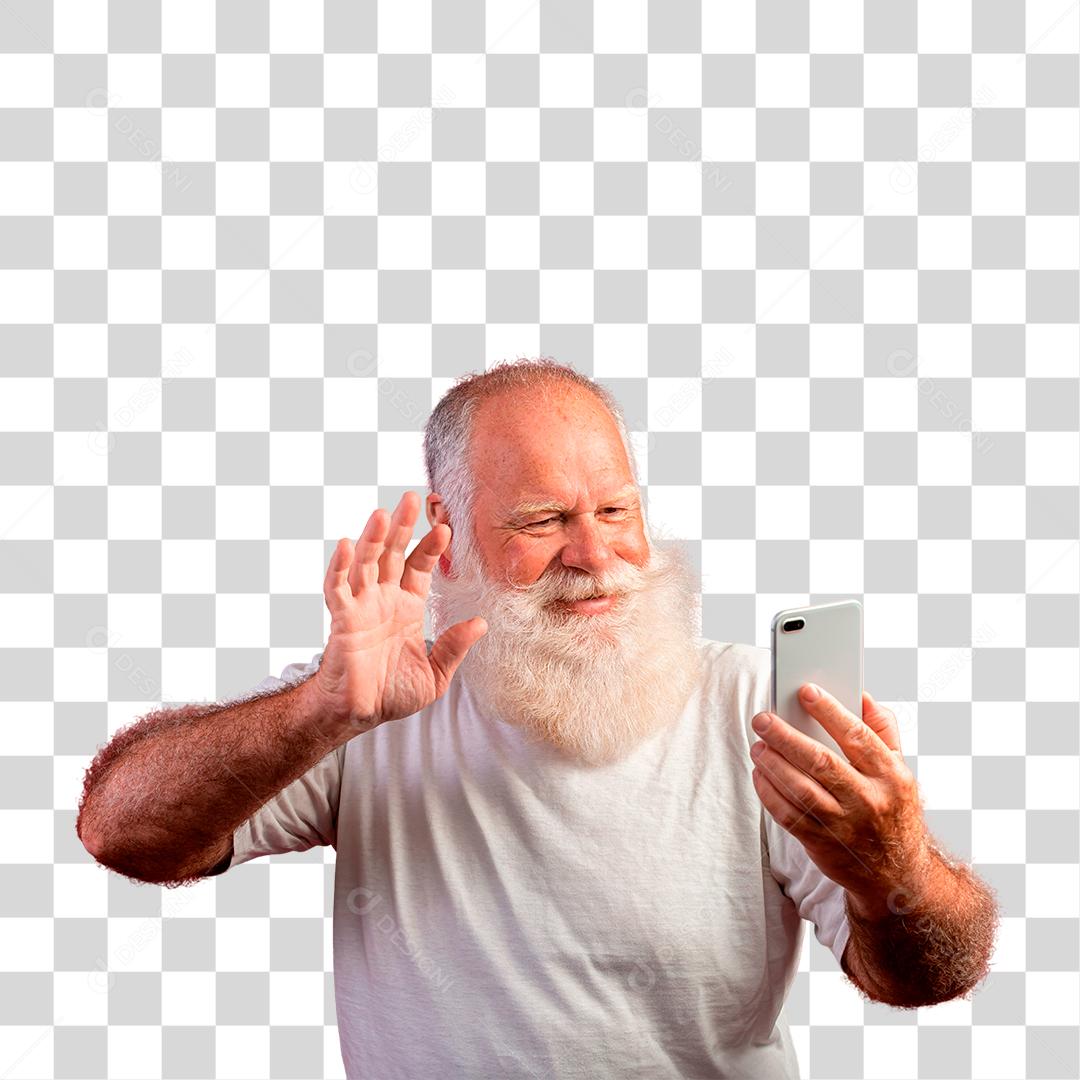 Homem barbudo idoso sorridente usando smartphone PNG Transparente