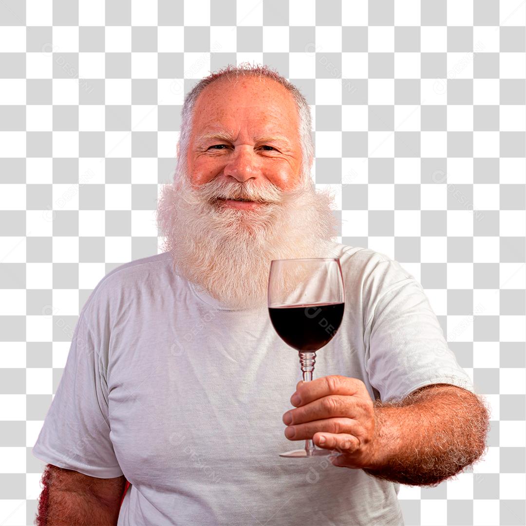 Homem com barba branca tomando vinho PNG Transparente