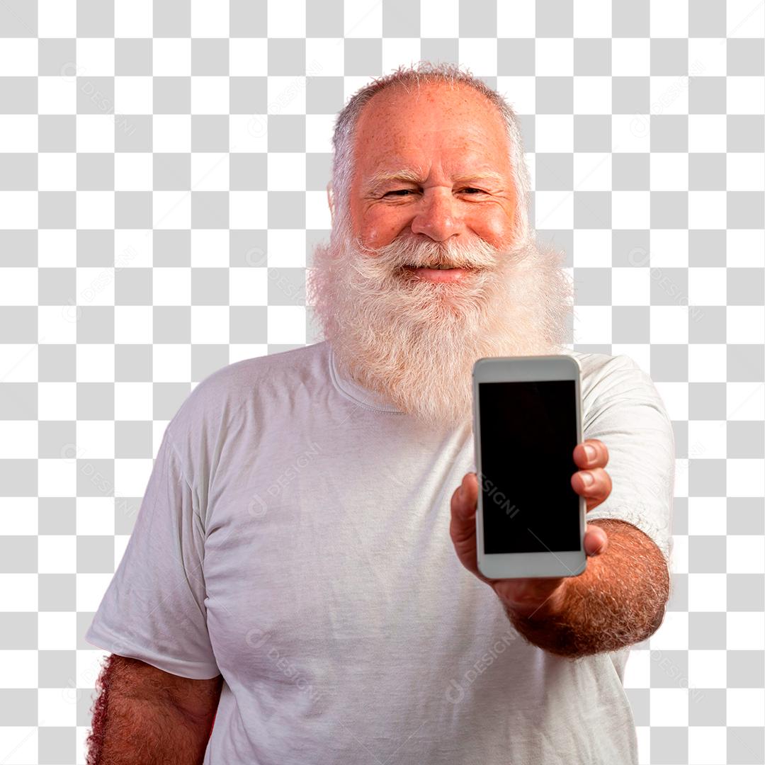 Homem barbudo idoso sorridente usando smartphone PNG Transparente