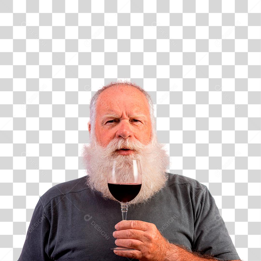 Homem com barba branca tomando vinho PNG Transparente