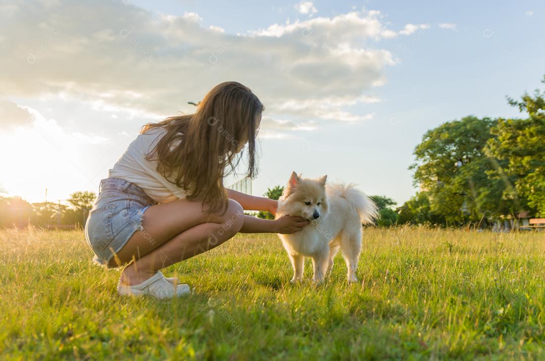jovem mulher bonita brincando com cachorro Spitz alemão no parque de verão