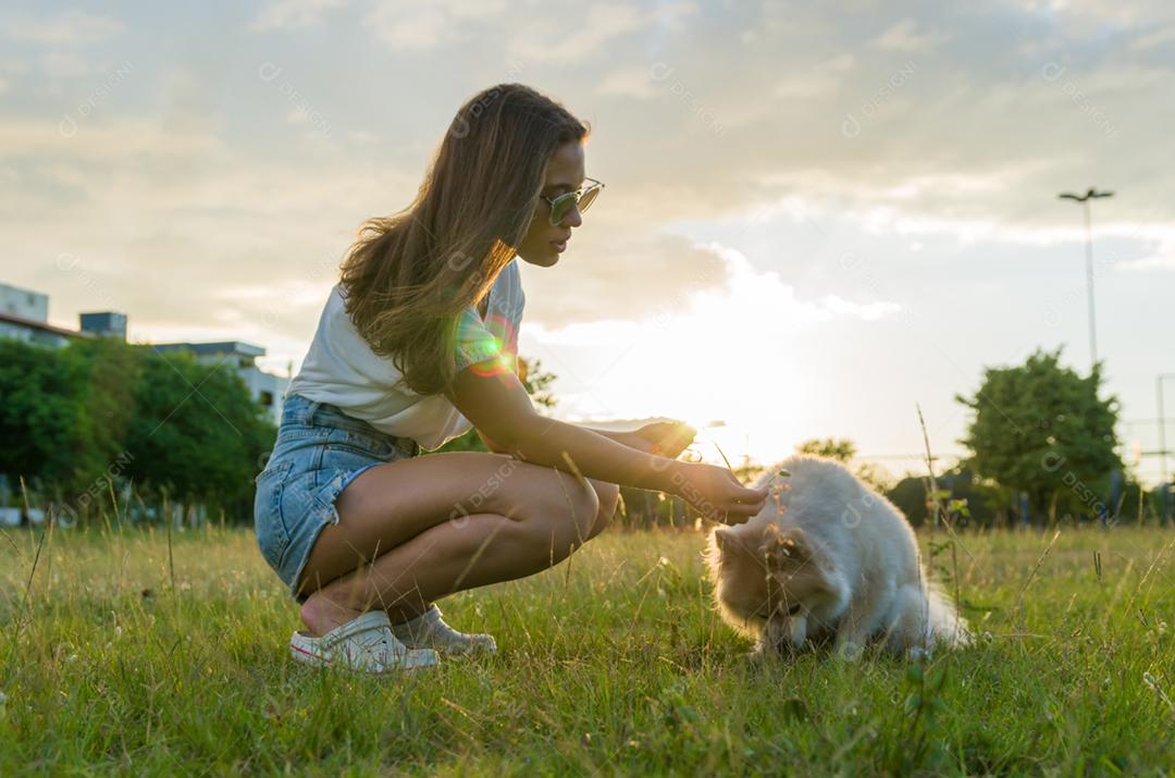jovem mulher bonita brincando com cachorro Spitz alemão no parque de verão