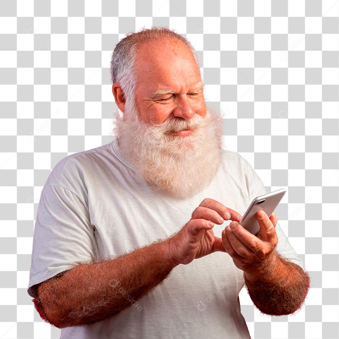 Homem barbudo idoso sorridente usando smartphone PNG Transparente
