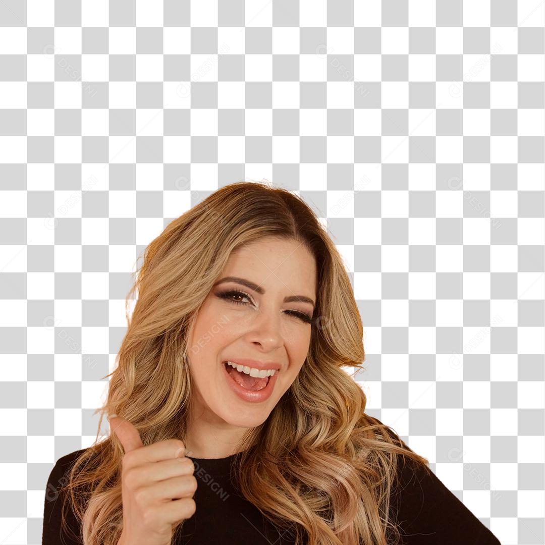Mulher loira com sinal de positivo PNG Transparente