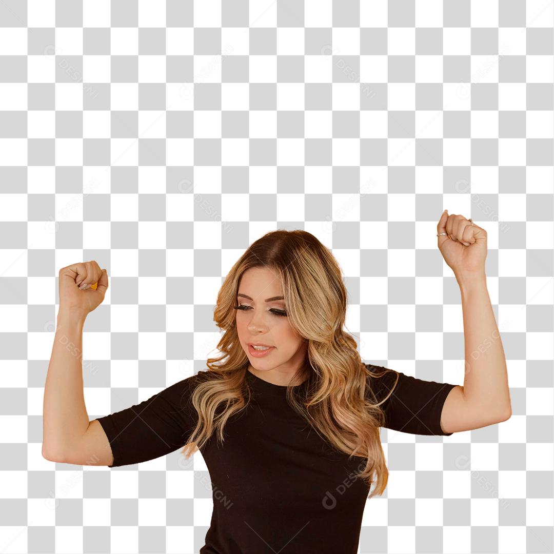 Jovem linda loira feliz expressando de sucesso e realização.