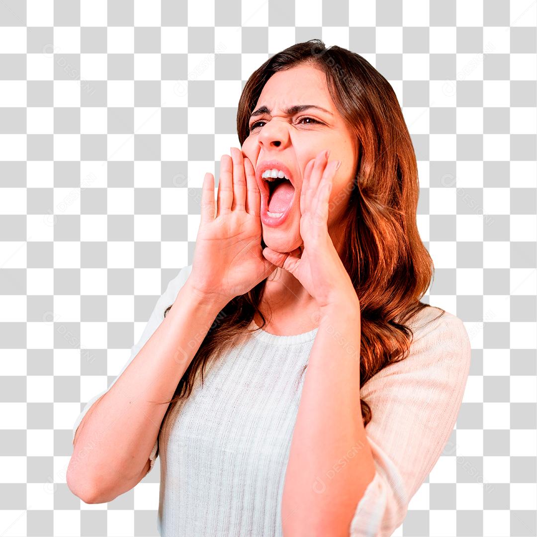 Linda mulher latina gritando alto para o lado com a mão na boca PNG Transparente