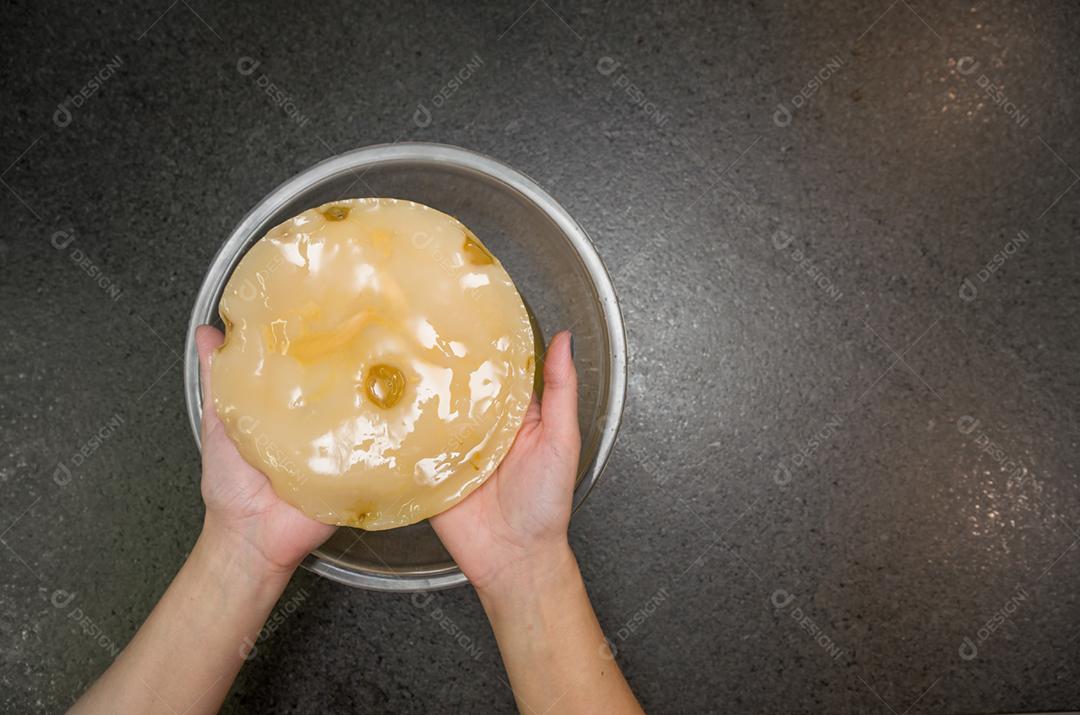 Mão segurando o cogumelo de chá kombucha scoby contra fundo de pedra com tigela