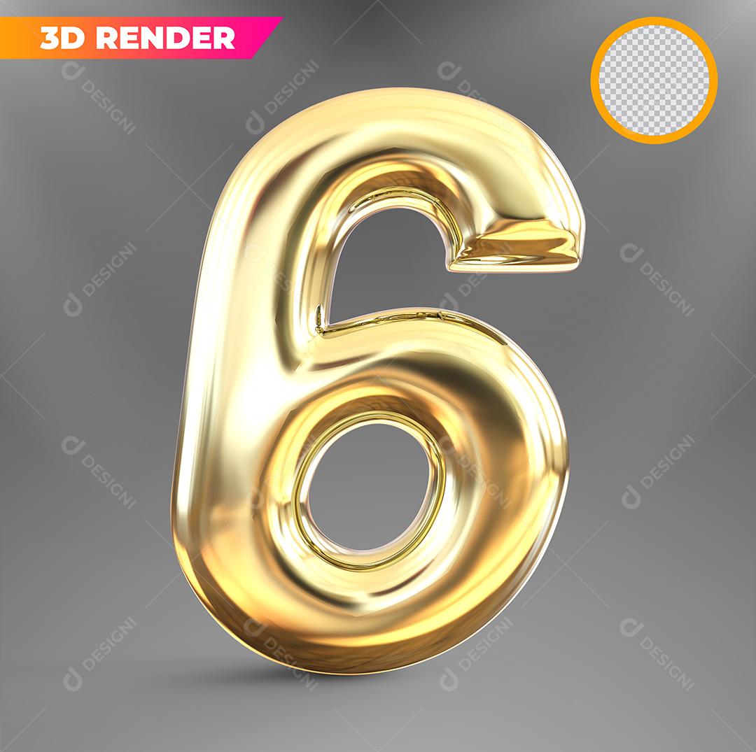 Número 6 3D Dourado Para Composição PSD