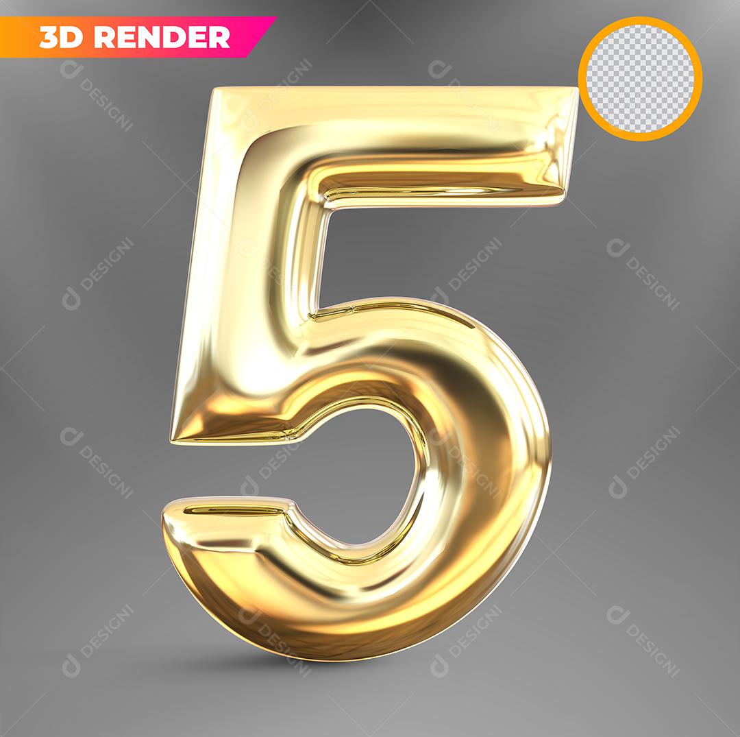 Número 5 3D Dourado Para Composição PSD