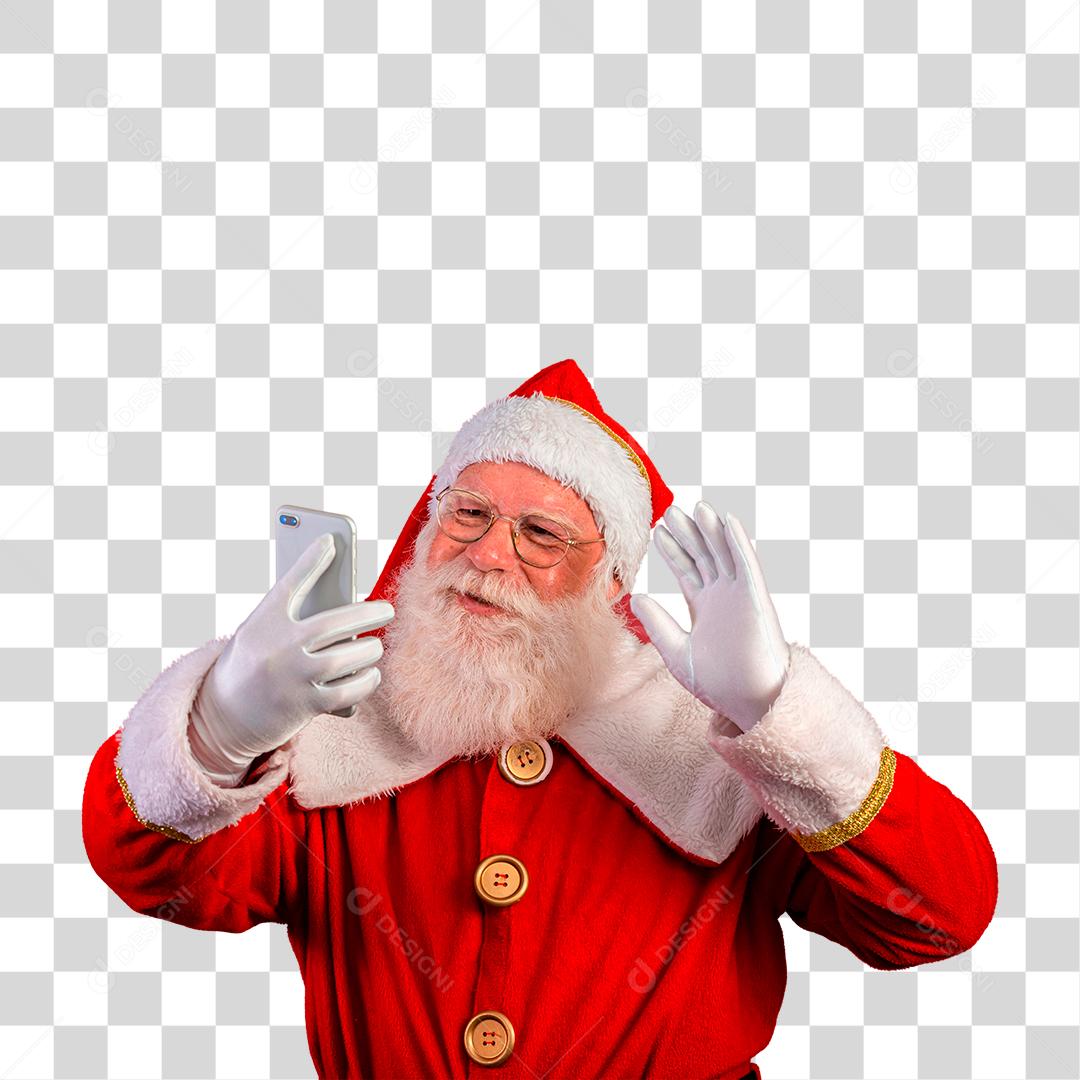 Papai Noel utilizando celular e acenando para algum PNG Transparente