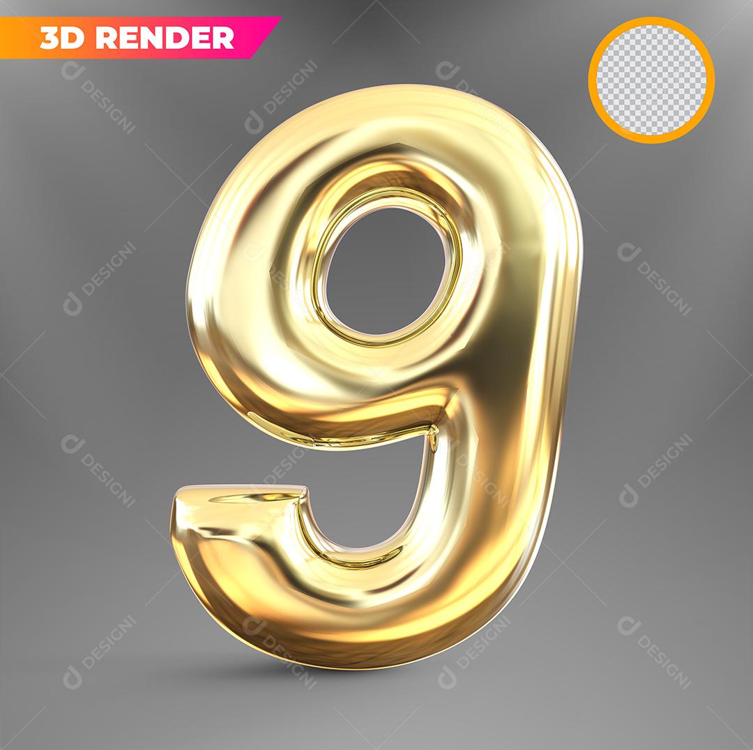 Número 9 3D Dourado Para Composição PSD