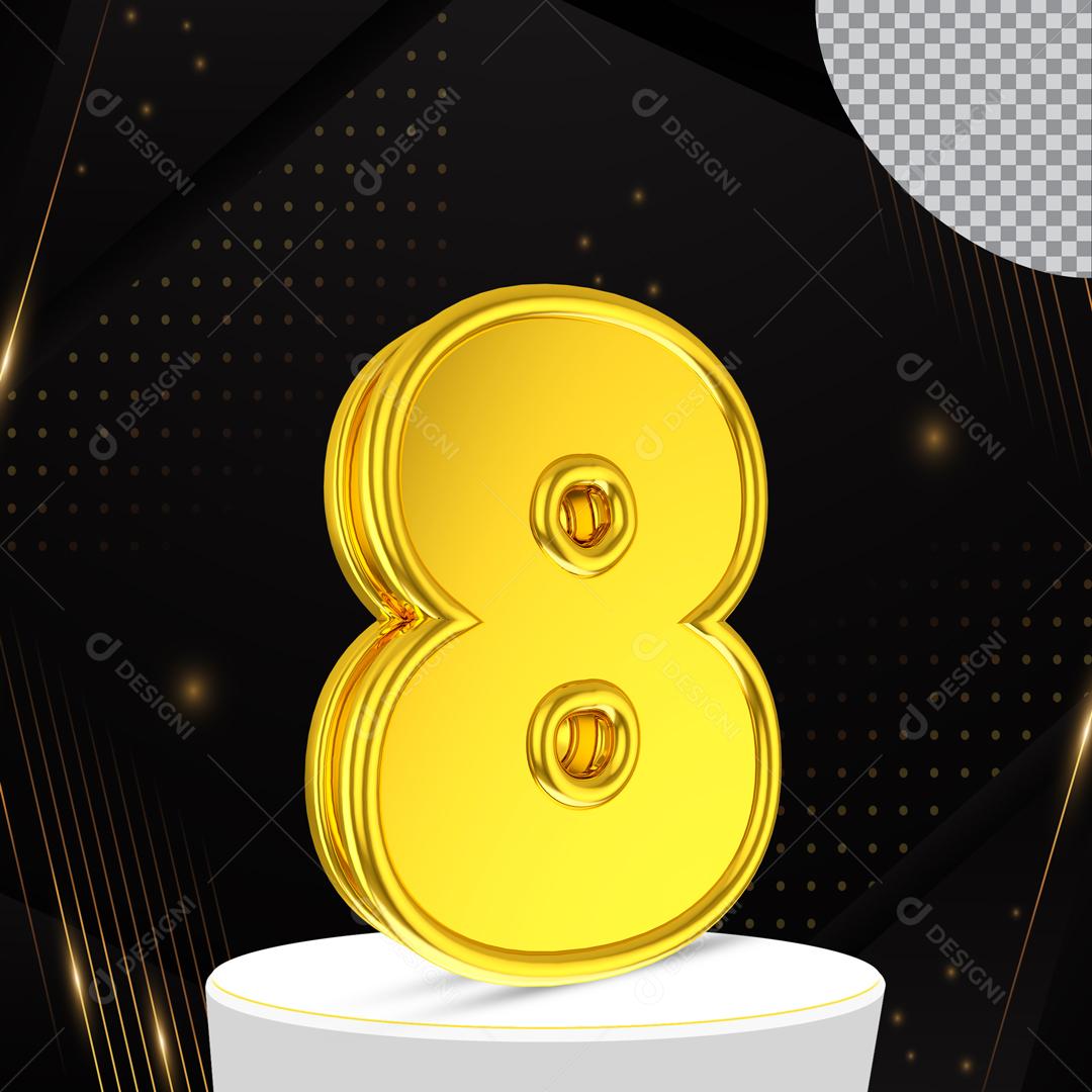 Número 8 Amarelo  3D Para Composição PSD Editável