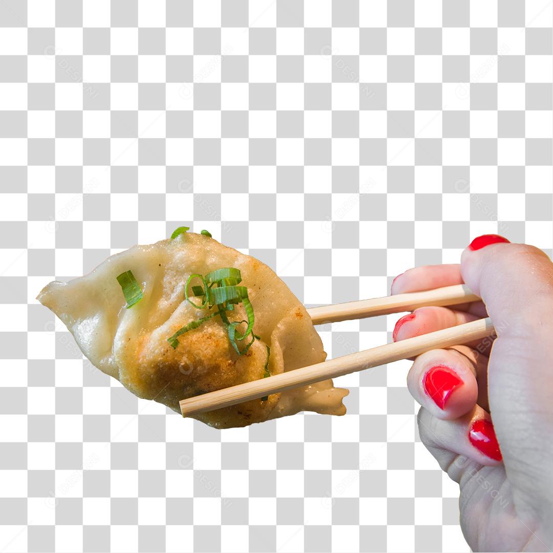 Mão segurando hashi com Gyoza PNG Fundo Transparente